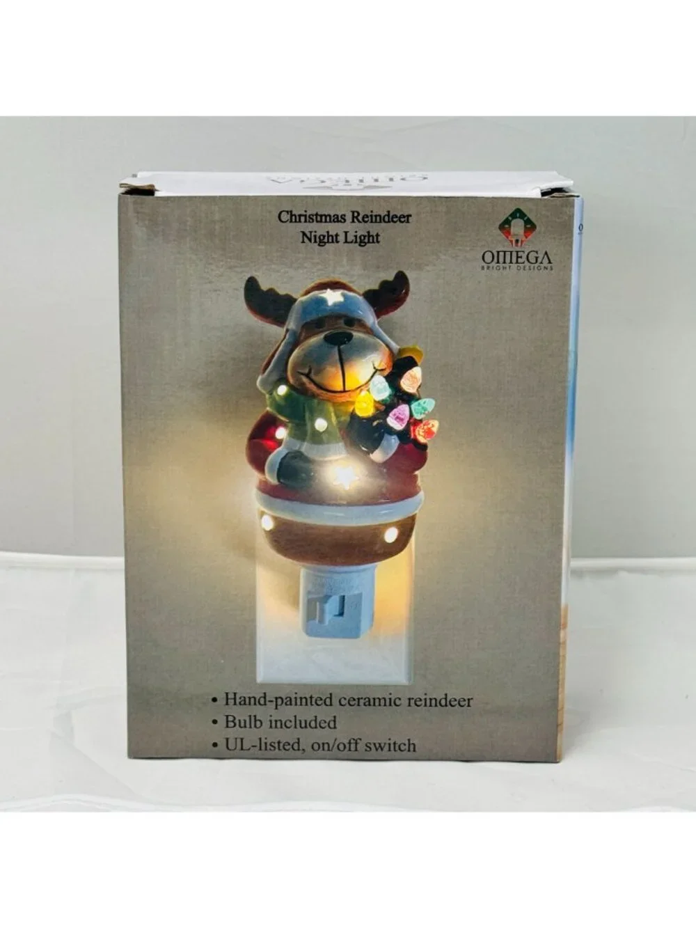 Omega Christmas Reindeer Night Light Ceramic Red Multicolor Bulb On/Off Switch